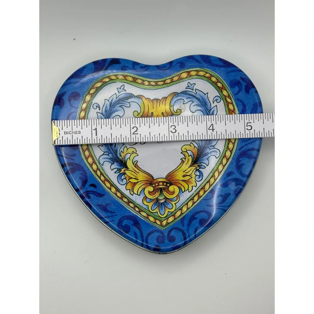 Brighton Heart Shaped Jewelry Tin Blue Yellow Mediterranean Scroll Trinket Box